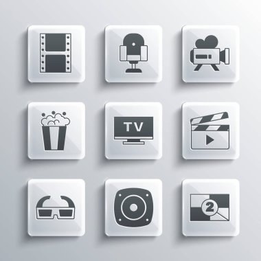 Set Stereo speaker, Old film movie countdown frame, Movie clapper, Smart Tv, 3D cinema glasses, Popcorn cardboard box, Play video and Retro camera icon. Vector