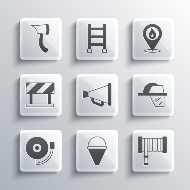 Set Fire cone bucket, hose reel, Firefighter helmet, Megaphone, Ringing alarm bell, Road barrier, axe and Location with fire flame icon. Vector