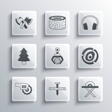 Set Metallic nail, Electric circular saw, Wooden logs, Grapple crane grabbed, Christmas tree, axe and Headphones icon. Vector