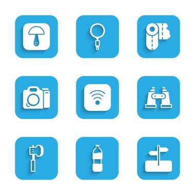 Set Wi-Fi wireless internet, Bottle of water, Road traffic sign, Binoculars, Wooden axe, Photo camera, Paper towel roll and Mushroom icon. Vector