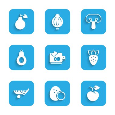 Set Cutting board with vegetables, Coconut, Peach fruit or nectarine, Strawberry, Peas, Avocado, Mushroom and Pear icon. Vector