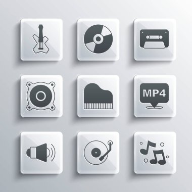 Set Vinyl player, Music note, tone, MP4 file document, Grand piano, Megaphone, Stereo speaker, Electric bass guitar and Retro audio cassette tape icon. Vector