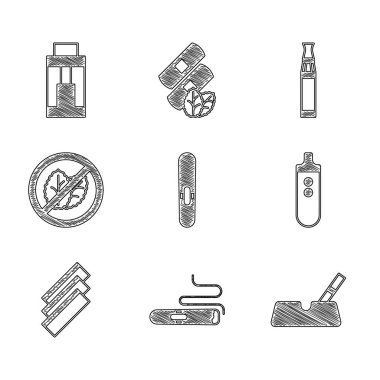 Set Cigar, Ashtray with cigarette, Electronic, Cigarette rolling papers, No tobacco leaf,  and Vape mod device icon. Vector