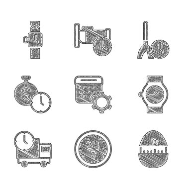 Set Calendar settings, Clock 24 hours, Kitchen timer, Wrist watch, Delivery truck and, Time money, Cleaning and  icon. Vector