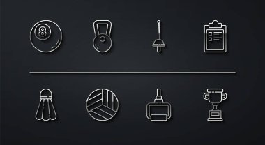 Set line Billiard pool snooker ball, Badminton shuttlecock, Sport training program, TPX loop equipment, Volleyball, Kettlebell, Award cup and Fencing icon. Vector