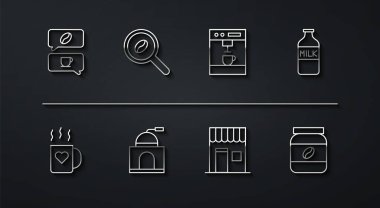 Set line Coffee and conversation, cup heart, Bottle with milk, shop, Manual coffee grinder, Selection beans, jar bottle and machine icon. Vector