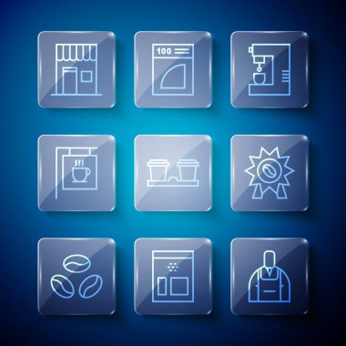 Set line Coffee beans, Bag coffee, Barista, machine, cup to go, Street signboard, shop and Medal for icon. Vector