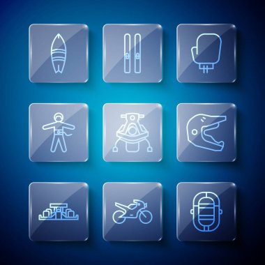 Set line Formula 1 racing car, Motorcycle, Rafting boat, Boxing glove, Snowmobile, Bungee jumping, Surfboard and Motocross motorcycle helmet icon. Vector