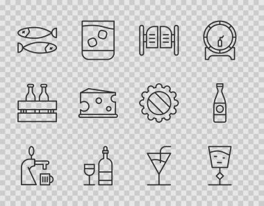 Set line Beer tap with glass, Wine, Saloon door, bottle, Dried fish, Cheese, Cocktail and  icon. Vector