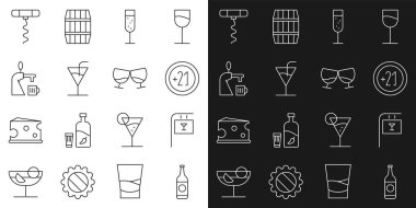 Set line Beer bottle, Street signboard with Bar, Alcohol 21 plus, Glass of champagne, Cocktail, tap glass, Wine corkscrew and cognac brandy icon. Vector