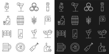 Set line Beer tap with glass, Cocktail, Street signboard Bar, Wooden barrels, Vodka pepper and,  and Hop icon. Vector