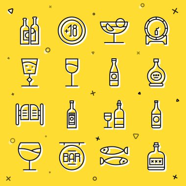 Set line Alcohol drink Rum bottle, Beer, Bottle of cognac or brandy, Cocktail, Wine glass, Bottles wine and  icon. Vector