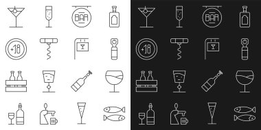 Set line Dried fish, Wine glass, Bottle opener, Street signboard with Bar, corkscrew, Alcohol 18 plus, Martini and  icon. Vector