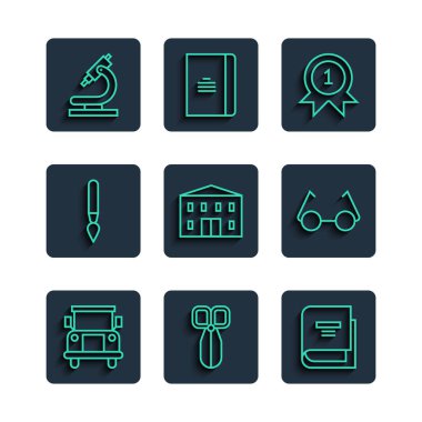 Set line School Bus, Scissors, Book, Medal, building, Paint brush, Microscope and Glasses icon. Vector