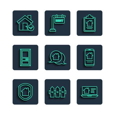 Set line House under protection, Garden fence wooden, Online real estate house, contract, Real message, Closed door, with check mark and  icon. Vector