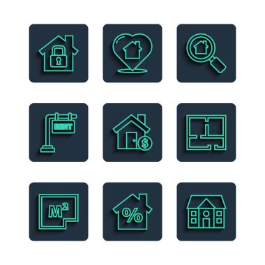 Set line House plan, with percant discount, Search house, dollar symbol, Hanging sign Rent, under protection and  icon. Vector