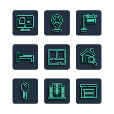 Set line House key, Garage, Hanging sign with Rent, plan, Bed, Online real estate house and Search icon. Vector