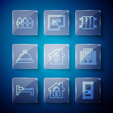 Set line Bed, House under protection, Closed door, Heating radiator, with dollar symbol, Hotel service bell, Garden fence wooden and  icon. Vector
