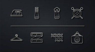 Set line Electric iron, Hanger wardrobe, Sewing button and knitting needles, Adjustable embroidery hoop, Tape measure, Zipper, Tailor shop and  icon. Vector