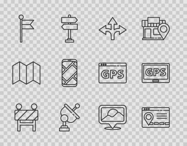 Set line Road barrier, Infographic of city map navigation, traffic sign, Radar, Location marker, City,  and Gps device with icon. Vector