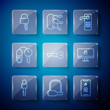 Set line Locked key, Bicycle lock, Mobile with fingerprint scan, Digital door, Key, House, picks for picking and on computer monitor icon. Vector