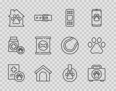 Set line Clinical record pet, Pet first aid kit, Bandage plaster, Dog house, Canned food, Collar with name tag and Paw print icon. Vector