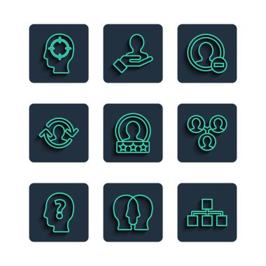 Set line Head with question mark, Project team base, Hierarchy organogram chart, Create account screen, Human resources, hunting and  icon. Vector