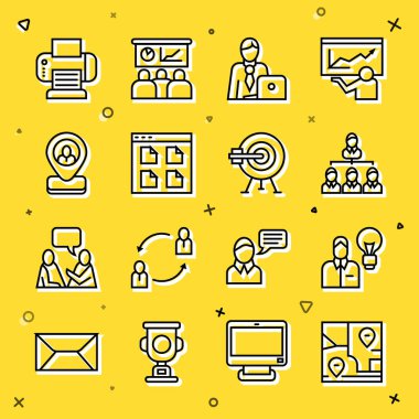 Set line Folded map with location, Human lamp bulb, Hierarchy organogram chart, Businessman, Browser files, Worker, Printer and Target arrow icon. Vector