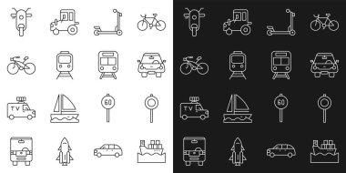 Set line Cargo ship with boxes, Road traffic signpost, Scooter, Train and railway, Bicycle,  and  icon. Vector