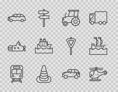 Set line Train and railway, Helicopter, Tractor, Traffic cone, Hatchback car, Cruise ship,  and Sailboat icon. Vector