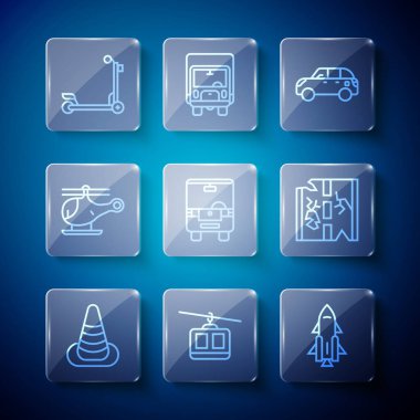 Set line Traffic cone, Cable car, Rocket ship with fire, Hatchback, Bus, Helicopter, Scooter and Broken road icon. Vector