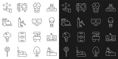 Set line Water slide, Home stereo with two speakers, Hot air balloon, Popcorn in box, Striker attraction hammer, Toy train, Juggling and Comedy and tragedy masks icon. Vector