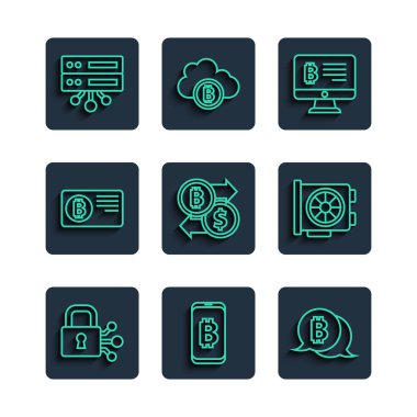 Set line Lock with bitcoin, Mining from mobile, Bitcoin, monitor, Cryptocurrency exchange, Credit card, Server and Video graphic icon. Vector