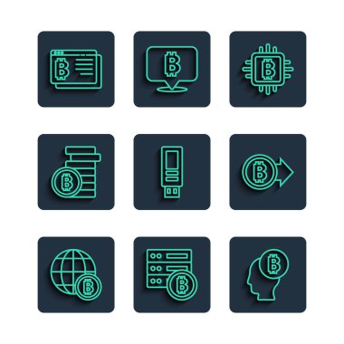 Set line Globe Bitcoin, Server bitcoin, think, CPU mining farm, USB flash drive, browser and  icon. Vector