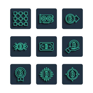 Set line Bitcoin, CPU mining farm, the target, Cryptocurrency bitcoin, circuit, Blockchain technology and Hand holding icon. Vector