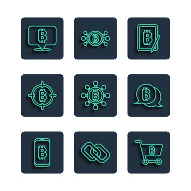 Set line Mining bitcoin from mobile, Chain link, Shopping cart with, tablet, Blockchain technology Bitcoin, the target,  and  icon. Vector