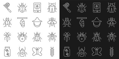 Set line Centipede, Mosquito, Insect fly, Book about insect, Butterfly cocoon, Beetle bug, net and Beekeeper hat icon. Vector