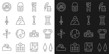 Set line Stone age arrow head, Ancient column, Castle tower, Rock stones, Dagger, No Smoking and Human broken bone icon. Vector