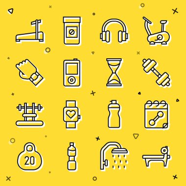 Set line Bench with barbel, Calendar fitness, Dumbbell, Headphones, Music player, Smart watch hand, Treadmill machine and Old hourglass icon. Vector