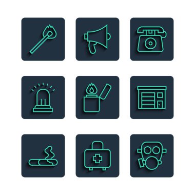 Set line Cigarette, First aid kit, Gas mask, Telephone call 911, Lighter, Ringing alarm bell, Burning match with fire and Building of station icon. Vector