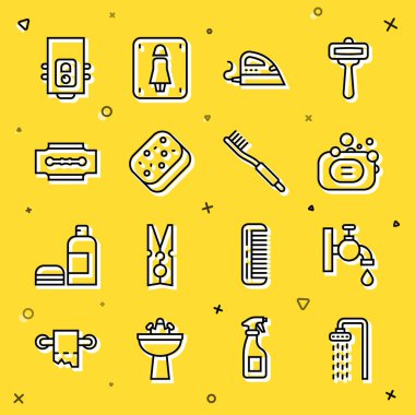 Set line Shower, Water tap, Bar of soap, Electric iron, Sponge, Blade razor, Gas boiler and Toothbrush icon. Vector
