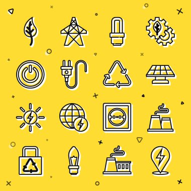 Set line Lightning bolt, Factory, Solar energy panel, LED light bulb, Electric plug, Power button, Leaf leaves and Recycle symbol icon. Vector