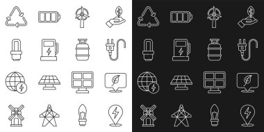 Set line Lightning bolt, Location with leaf, Electric plug, Wind turbine, car charging station, LED light bulb, Recycle symbol and Propane gas tank icon. Vector
