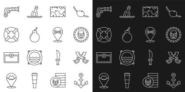 Set line Anchor, Crossed pirate swords, Pirate coin, treasure map, Bomb ready to explode, Lifebuoy, Vintage pistols and Location icon. Vector