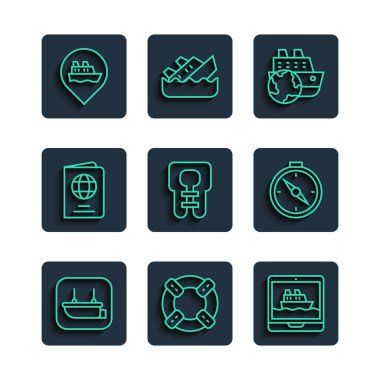 Set line Lifeboat, Lifebuoy, Cruise ship, jacket, Passport, Location with cruise and Compass icon. Vector