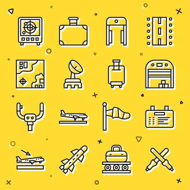 Set line Marshalling wands, Airport board, Aircraft hangar, Metal detector airport, Radar, World travel map, with targets on monitor and Suitcase icon. Vector