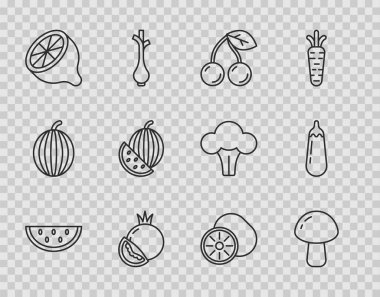 Set line Watermelon, Mushroom, Cherry, Tomato, Lemon, Kiwi fruit and Eggplant icon. Vector