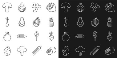 Set line Orange fruit, Beet, Pineapple, Beans, Avocado, Fresh green onions, Mushroom and Watermelon icon. Vector