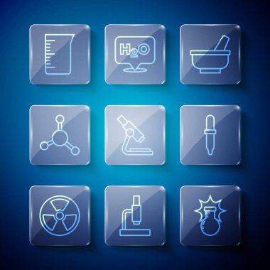 Set line Radioactive, Microscope, Chemical explosion, Mortar and pestle, Molecule, Laboratory glassware beaker and Pipette icon. Vector