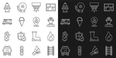 Set line Fire escape, flame, Firefighter, Smoke alarm system, cone bucket, truck, hydrant and Location with fire icon. Vector